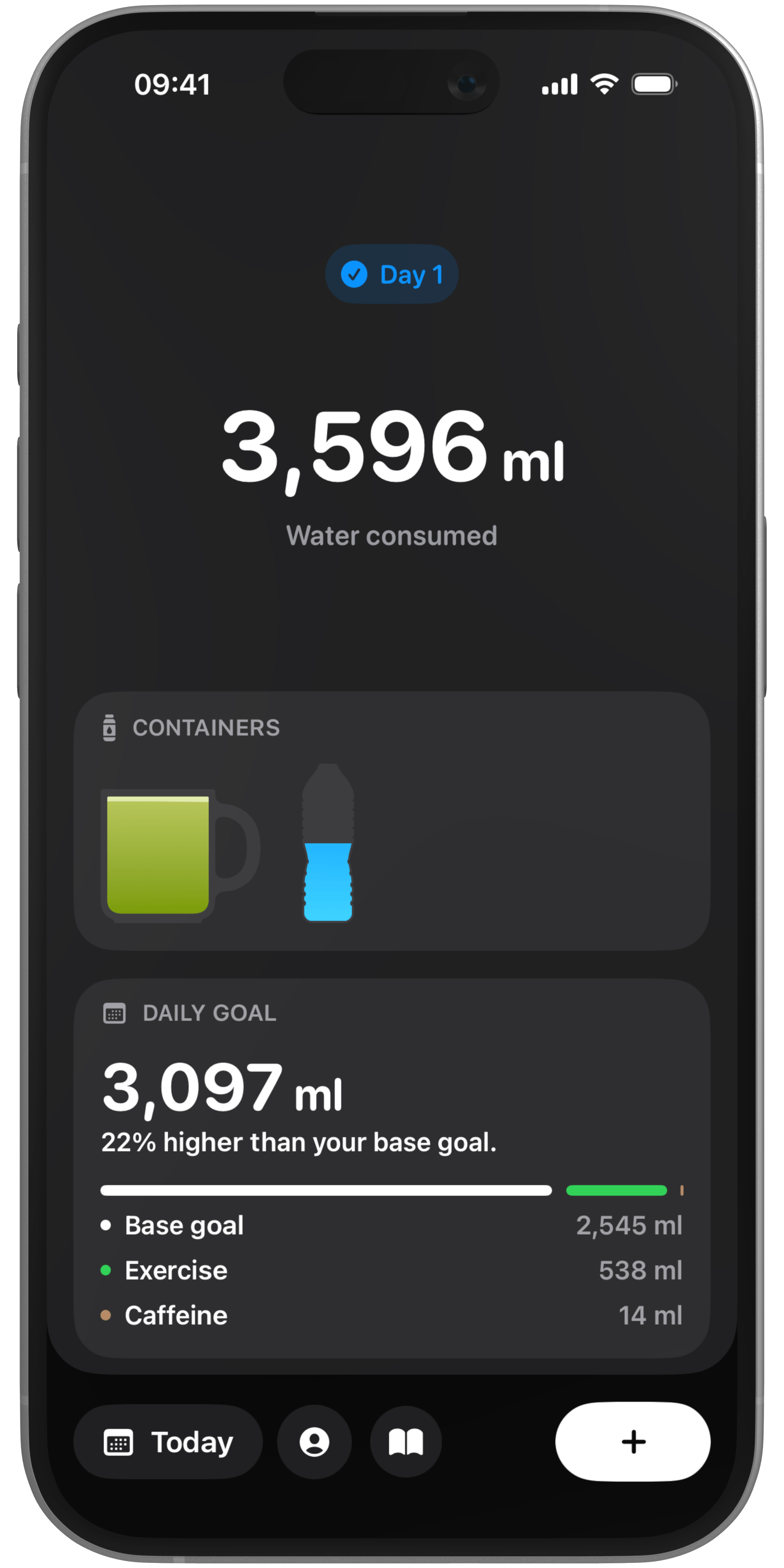 A portrait image of an iPhone, showing the diary screen of Hydropal, the hydration tracker app for iOS.