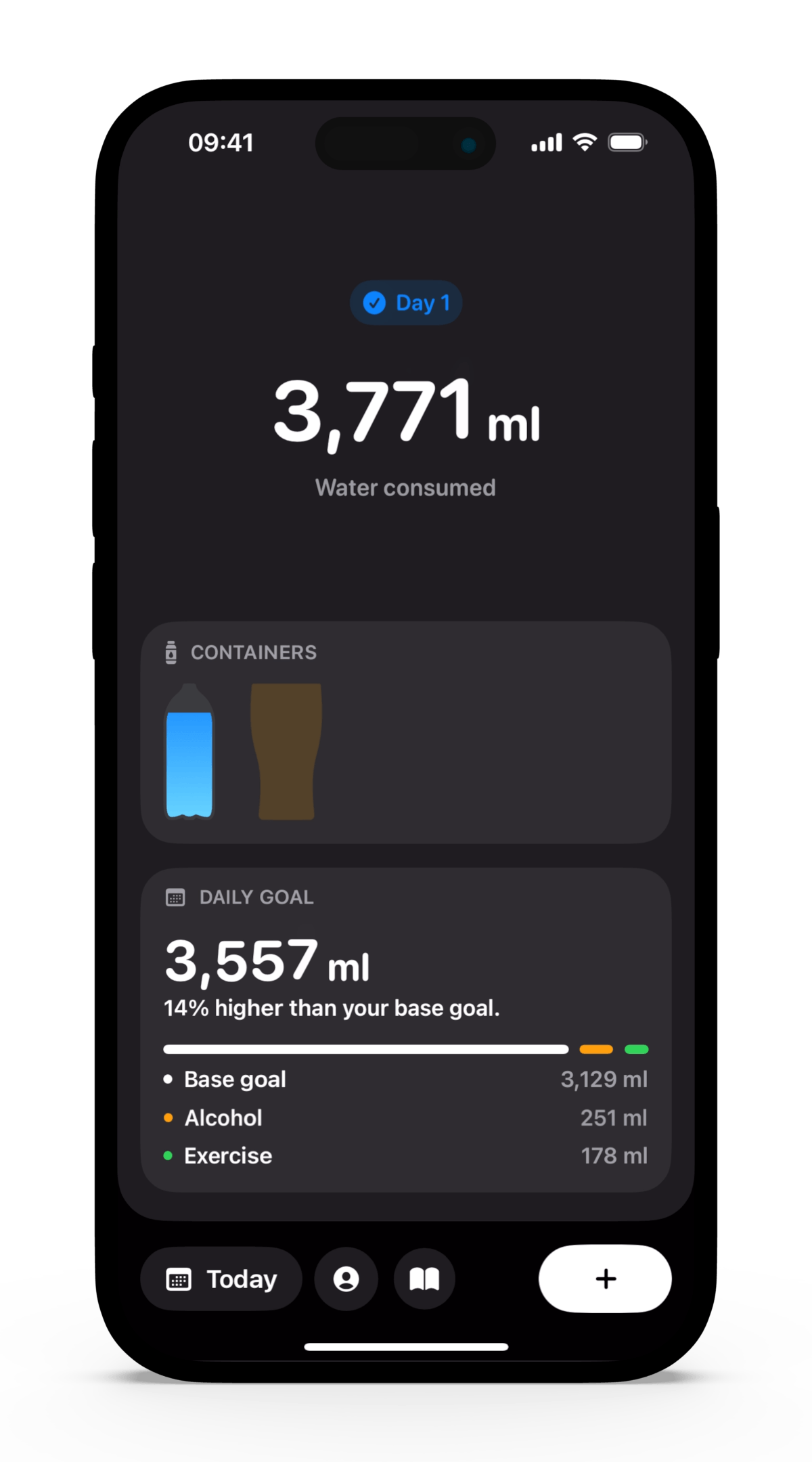 A portrait image of an iPhone, showing the diary screen of Hydropal, the hydration tracker app for iOS.