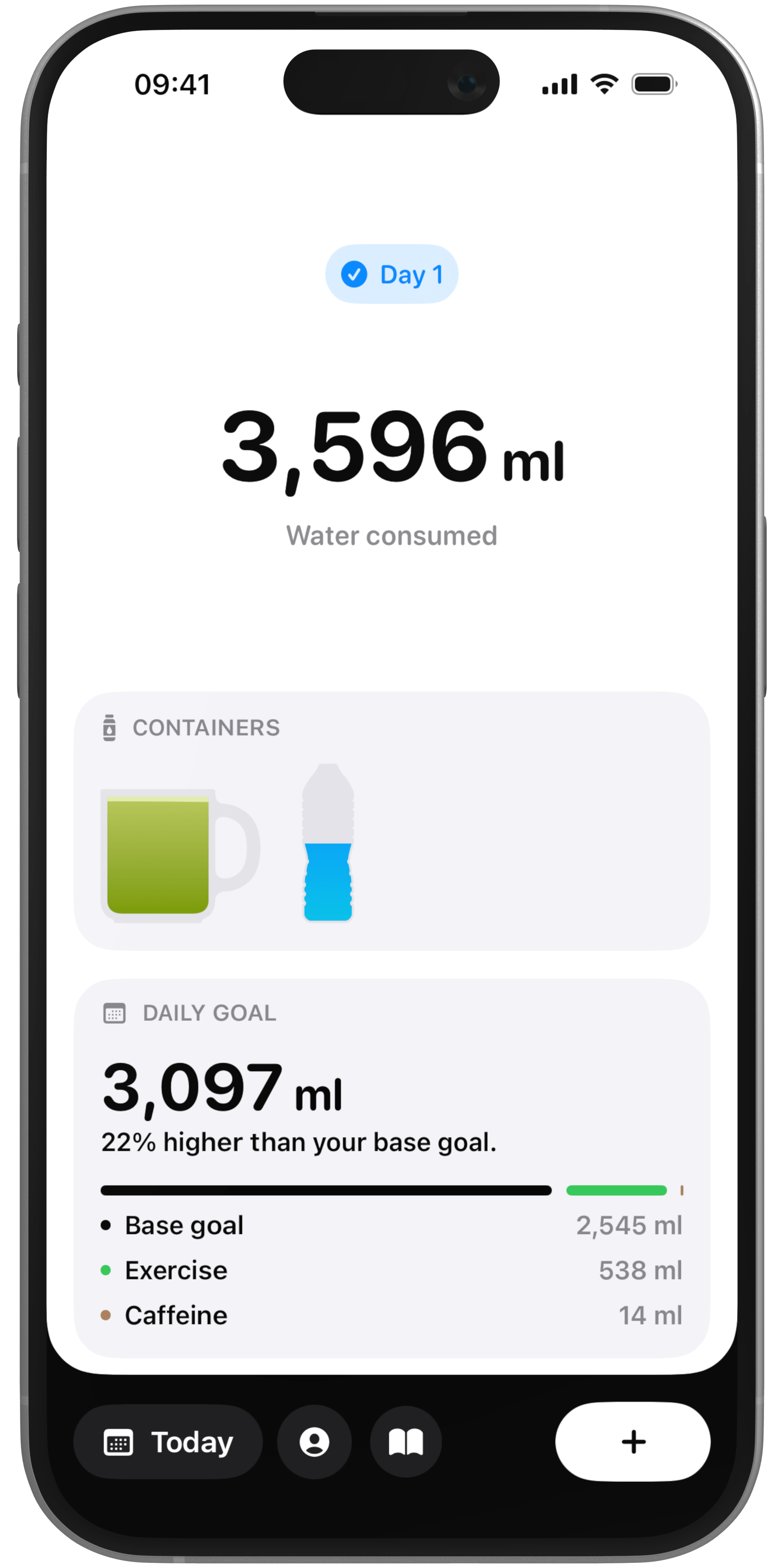 A portrait image of an iPhone, showing the diary screen of Hydropal, the hydration tracker app for iOS.