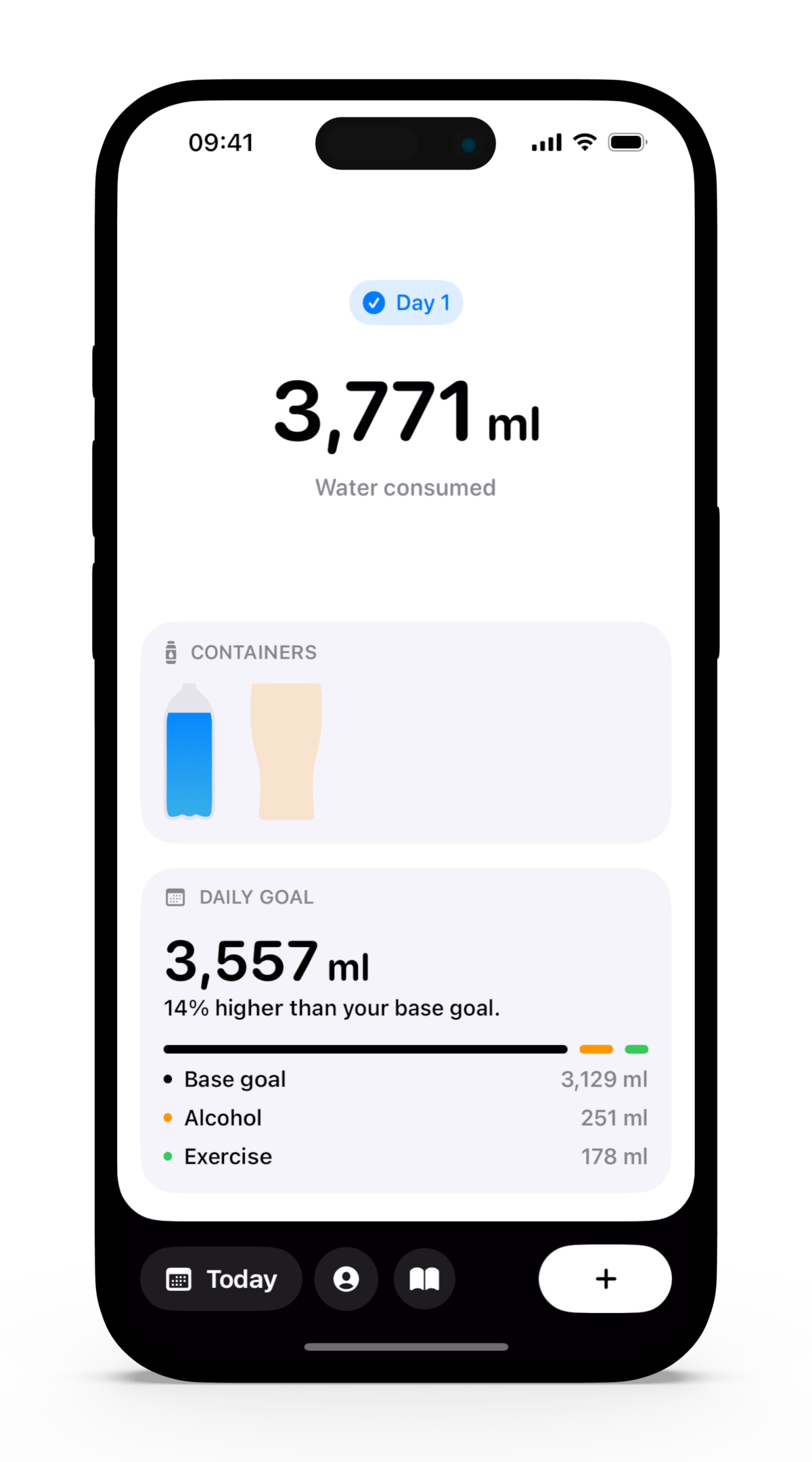 A portrait image of an iPhone, showing the diary screen of Hydropal, the hydration tracker app for iOS.