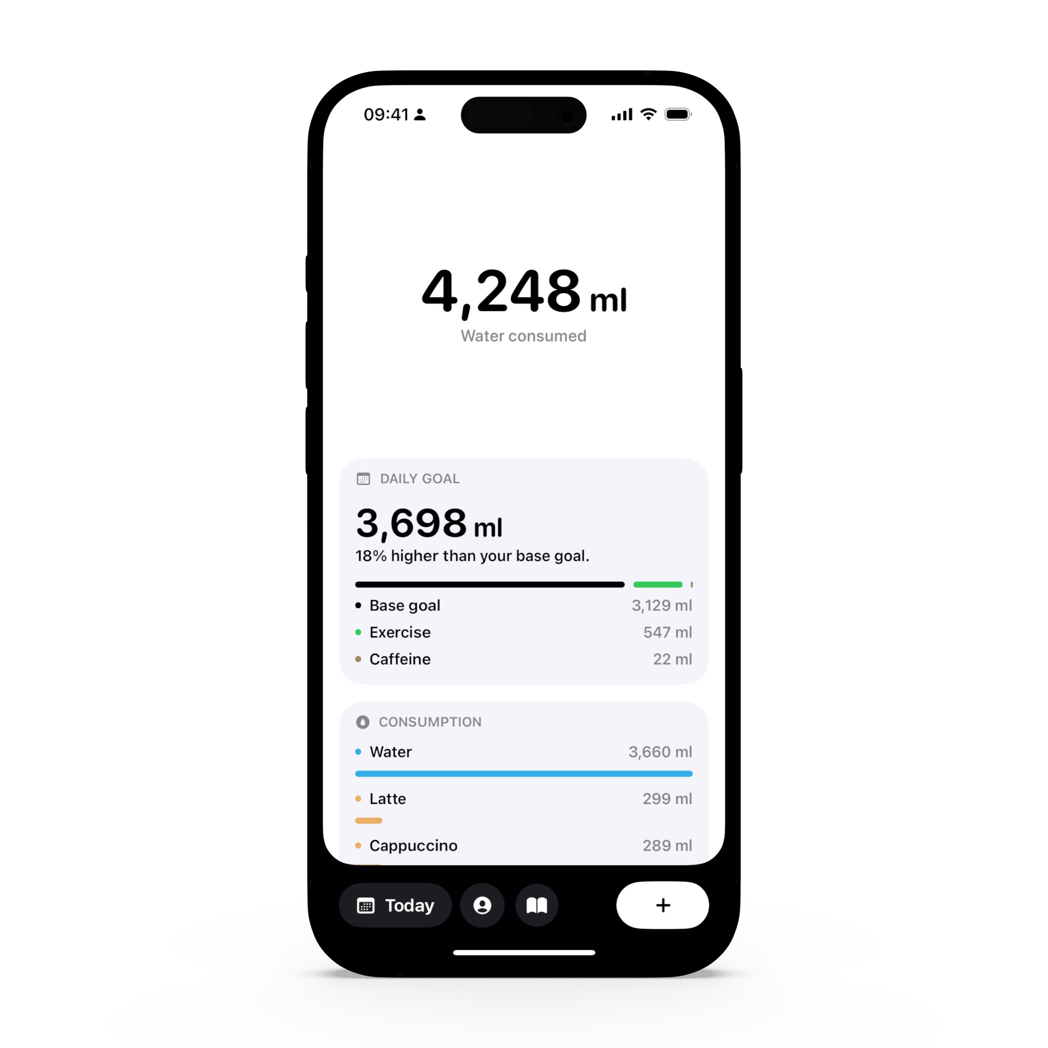 A portrait image of an iPhone, showing the diary screen of Hydropal, the hydration tracker app for iOS.